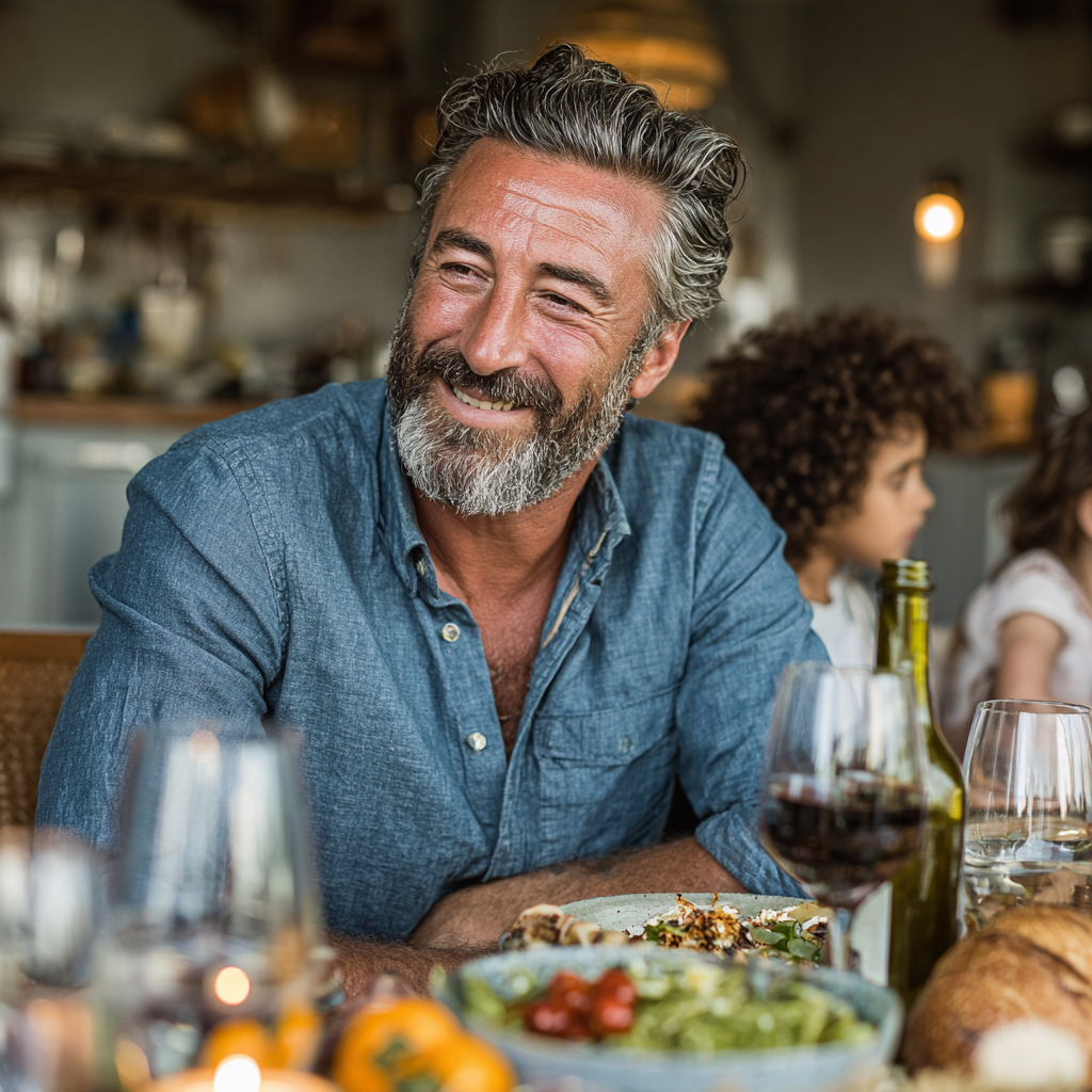 A cheerful man in his early 50s with salt-and-pepper beard wearing a casual blue shirt, sitting at a dining table enjoying a healthy Mediterranean-style meal with his family