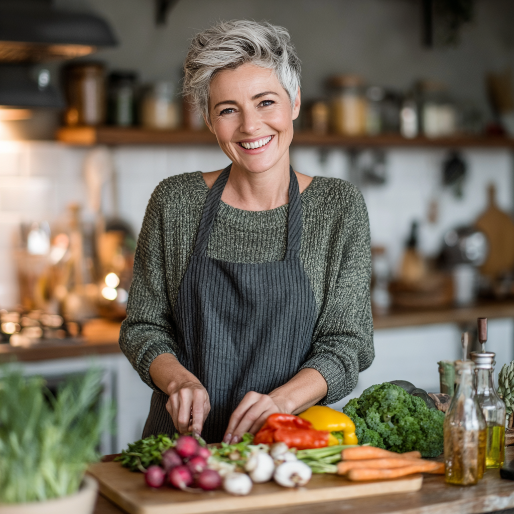 A smiling woman in her late 40s with short gray-streaked hair standing in a bright modern kitchen, preparing a colorful healthy salad with fresh vegetables on a wooden cutting board